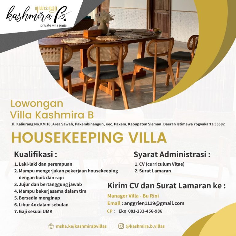 Lowongan Kerja Housekeeping Villa Di Kashmiral Villa Jogja Lokerjateng