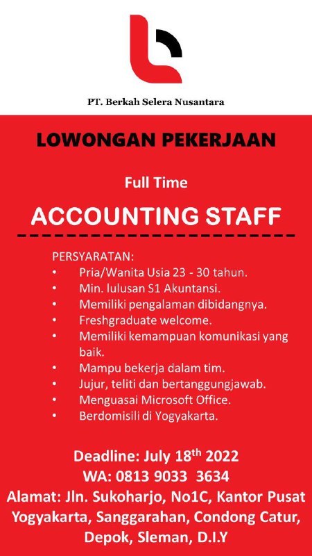 Lowongan Kerja Accounting Staff PT Berkah Selera Nusantara