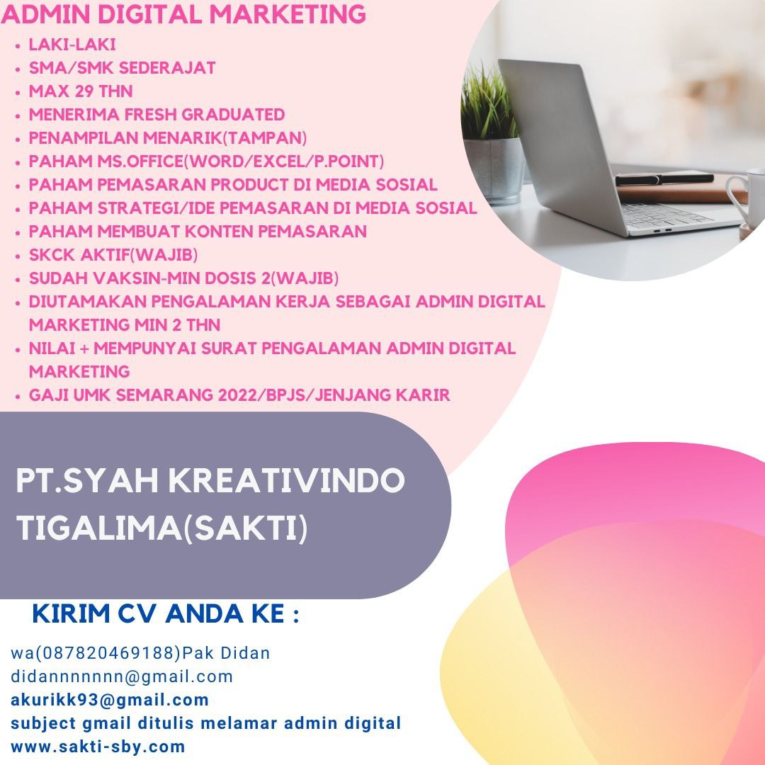 Lowongan Kerja Admin Digital Marketing di PT. Syah Kreativindo Semarang