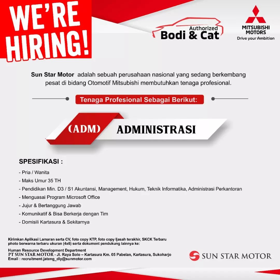 Lowongan Kerja Administrasi PT Sun Star Motor (Dealer Mitsubishi)