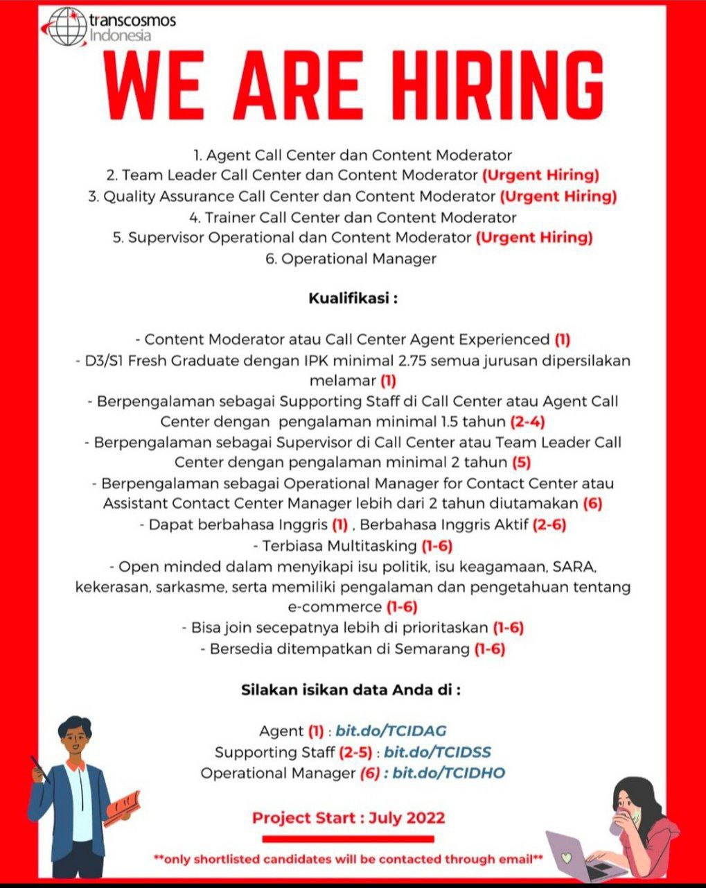 Lowongan Kerja Banyak Posisi Admin, Call Center & Manager di Transcosmos Indonesia Semarang