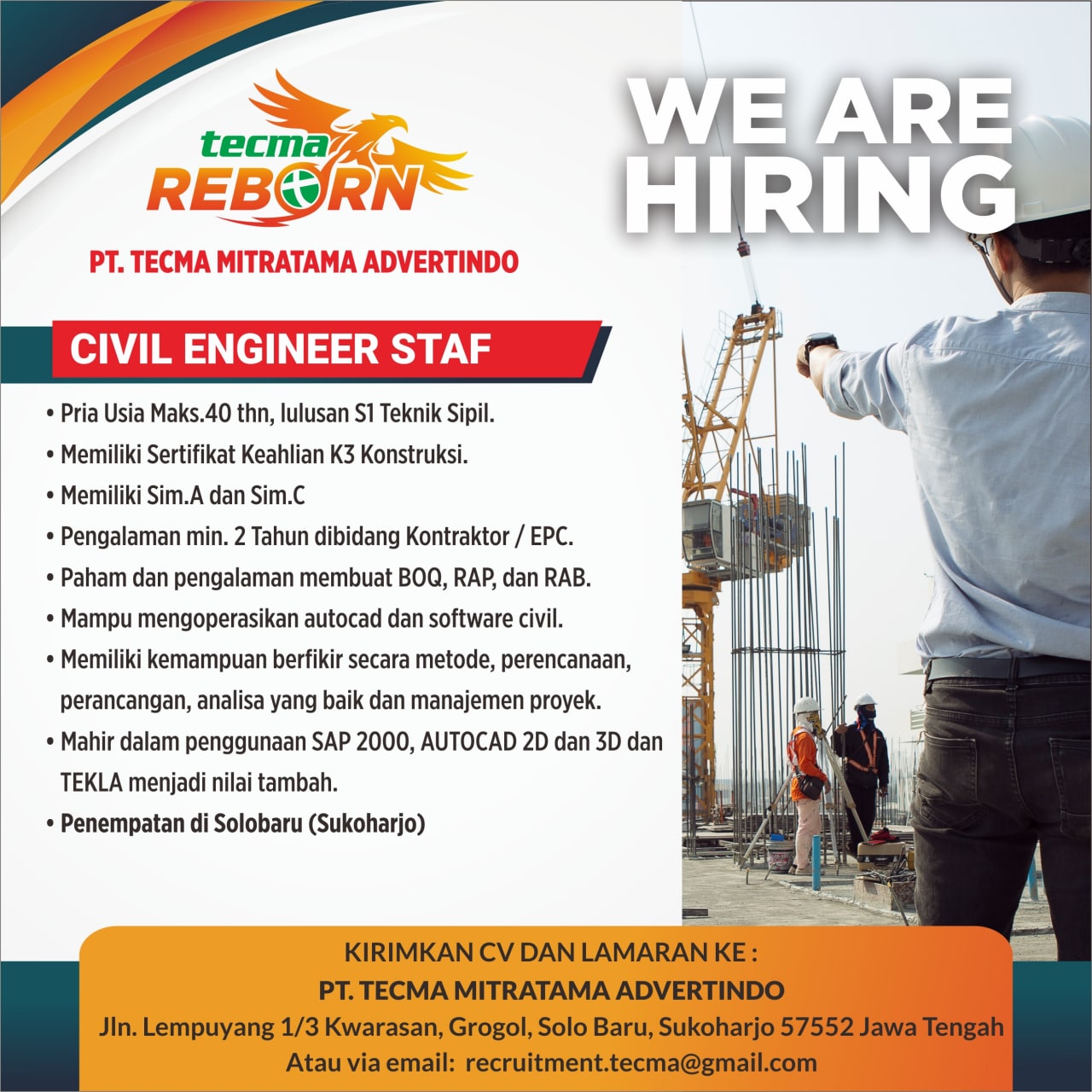 Lowongan Kerja Civil Enginer Staff di PT Tecma Mitratama Advertindo
