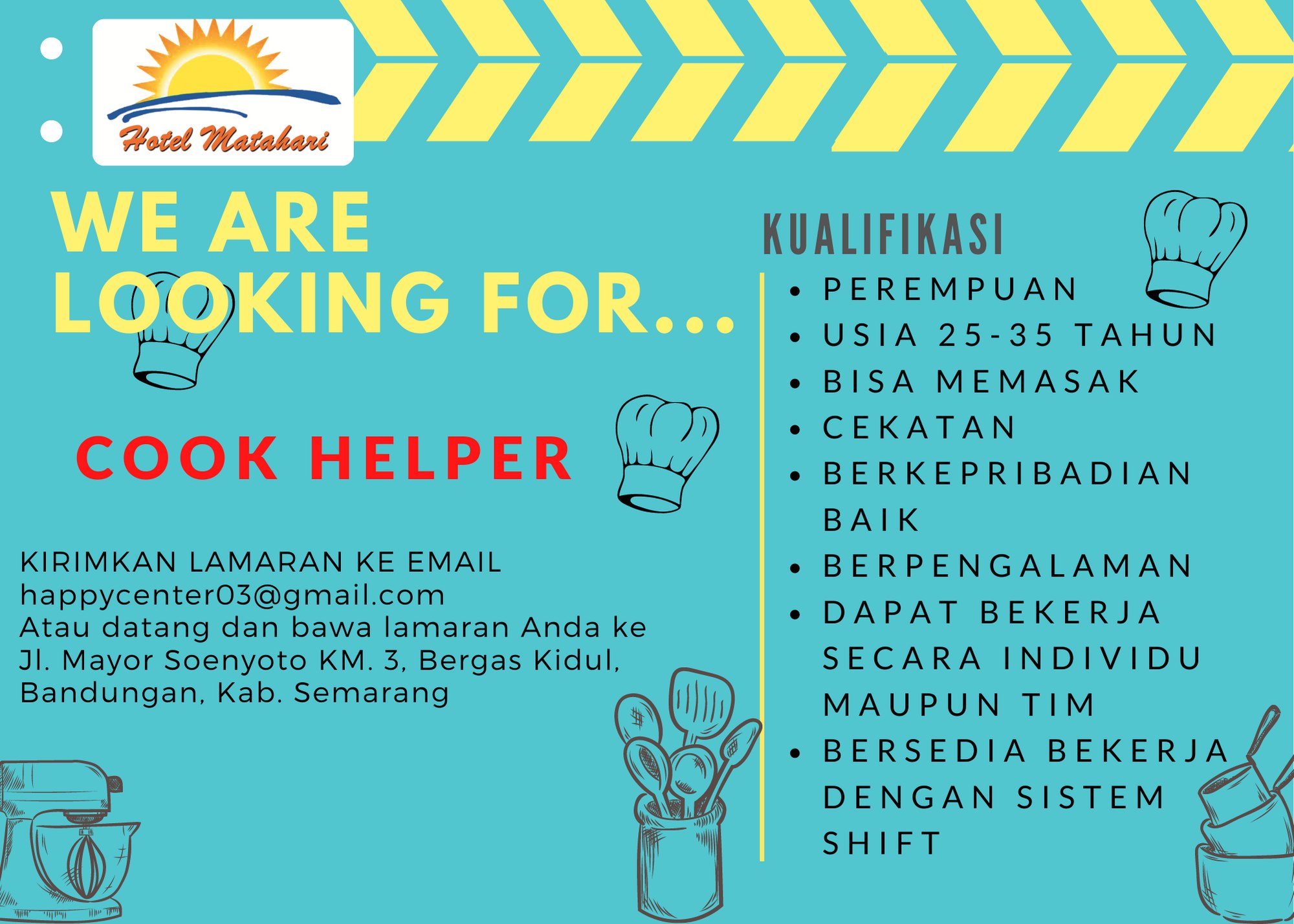 Lowongan Kerja Cook Helper di Hotel Matahari Bandungan Kab. Semarang