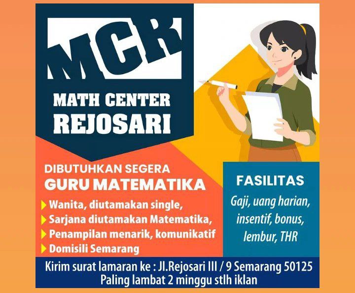 Lowongan Kerja Guru Matematika di Math Center Rejosari Semarang