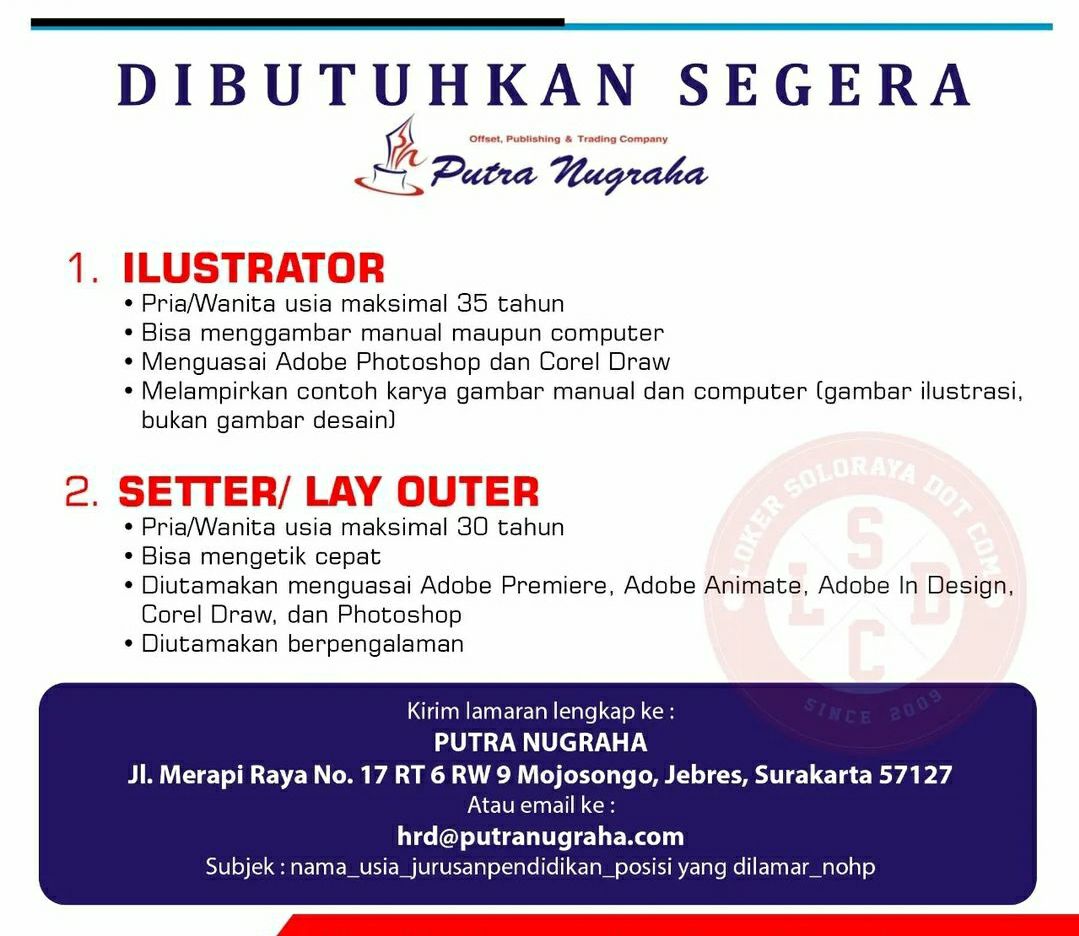 Lowongan Kerja Ilustrator & Setter Lay Outer di Putra Nugraha Solo