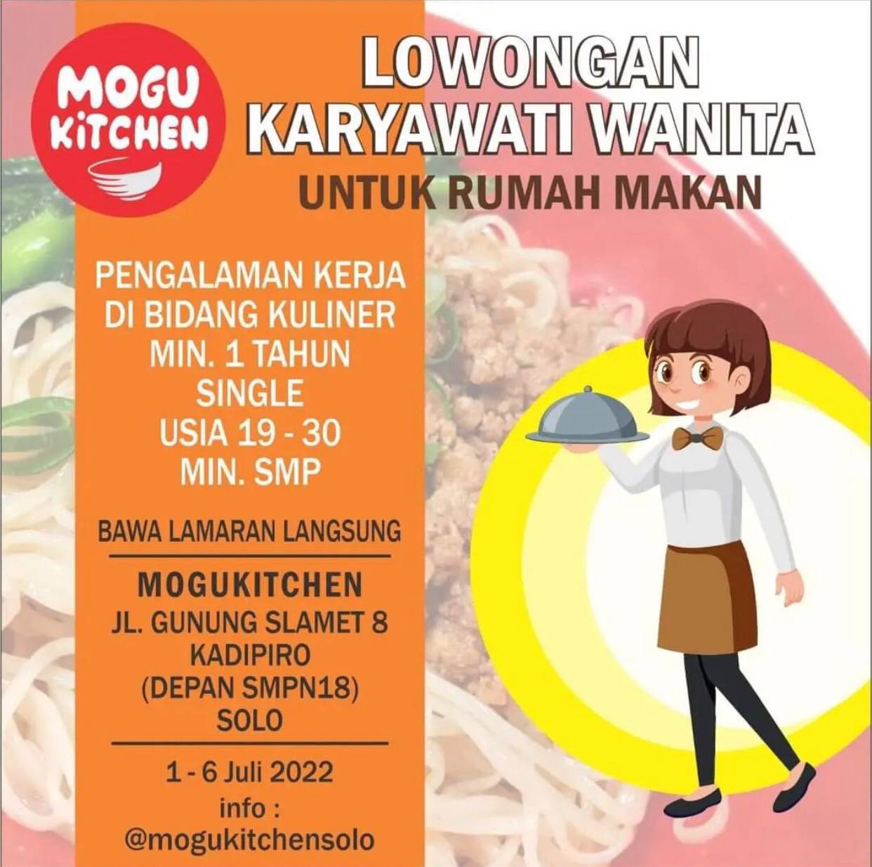 Lowongan Kerja Karyawati Wanita Rumah Makan di Mogu Kitchen Solo
