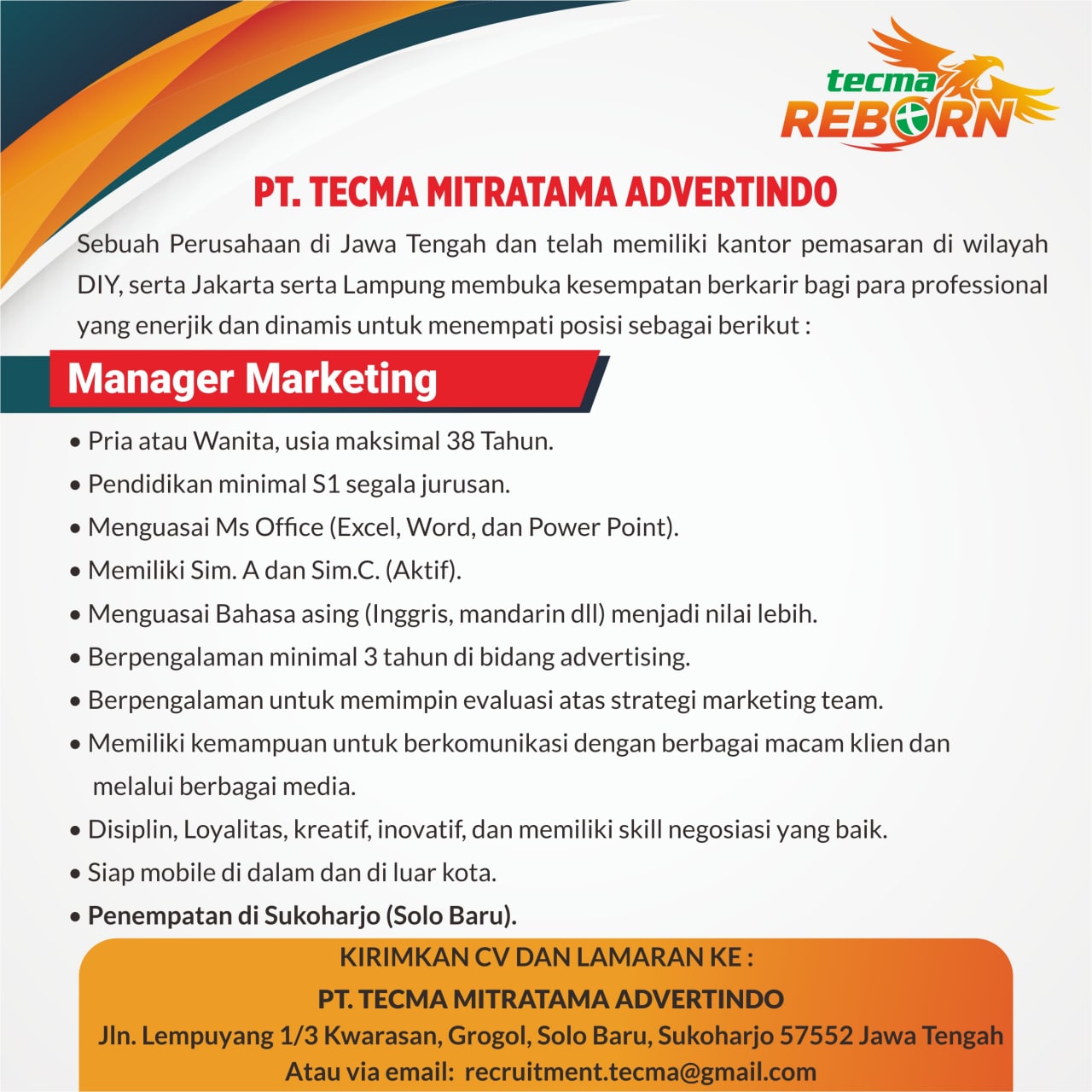 Lowongan Kerja Manager Marketing di PT Tecma Mitratama Advertindo Sukoharjo