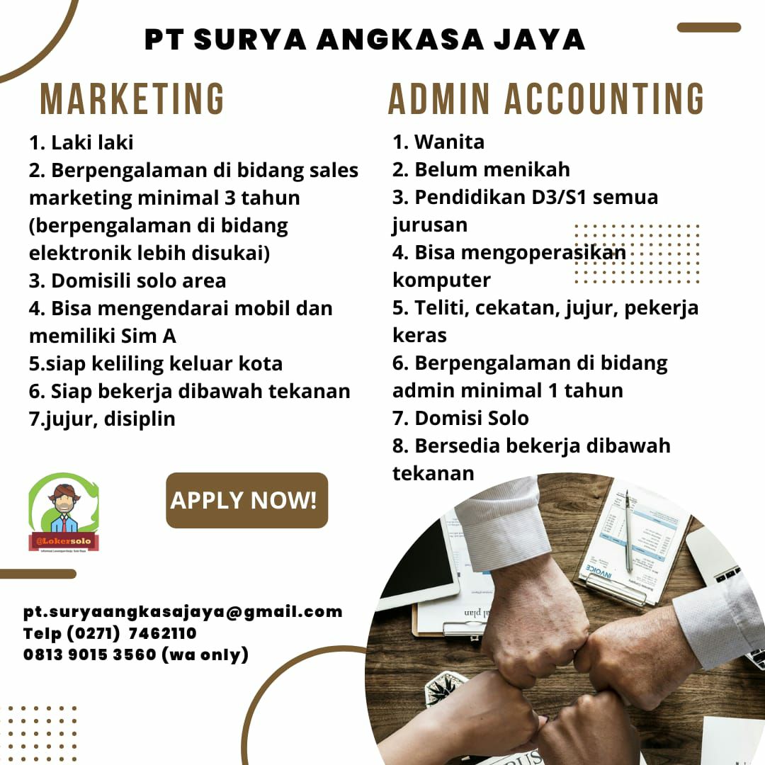 Lowongan Kerja Marketing & Admin Accounting di PT Surya Angkasa Jaya