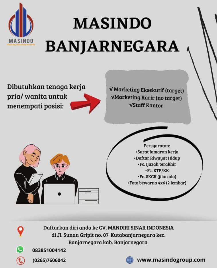 Lowongan Kerja Marketing Eksekutif & Staff Kantor di Masindo Banjarnegara