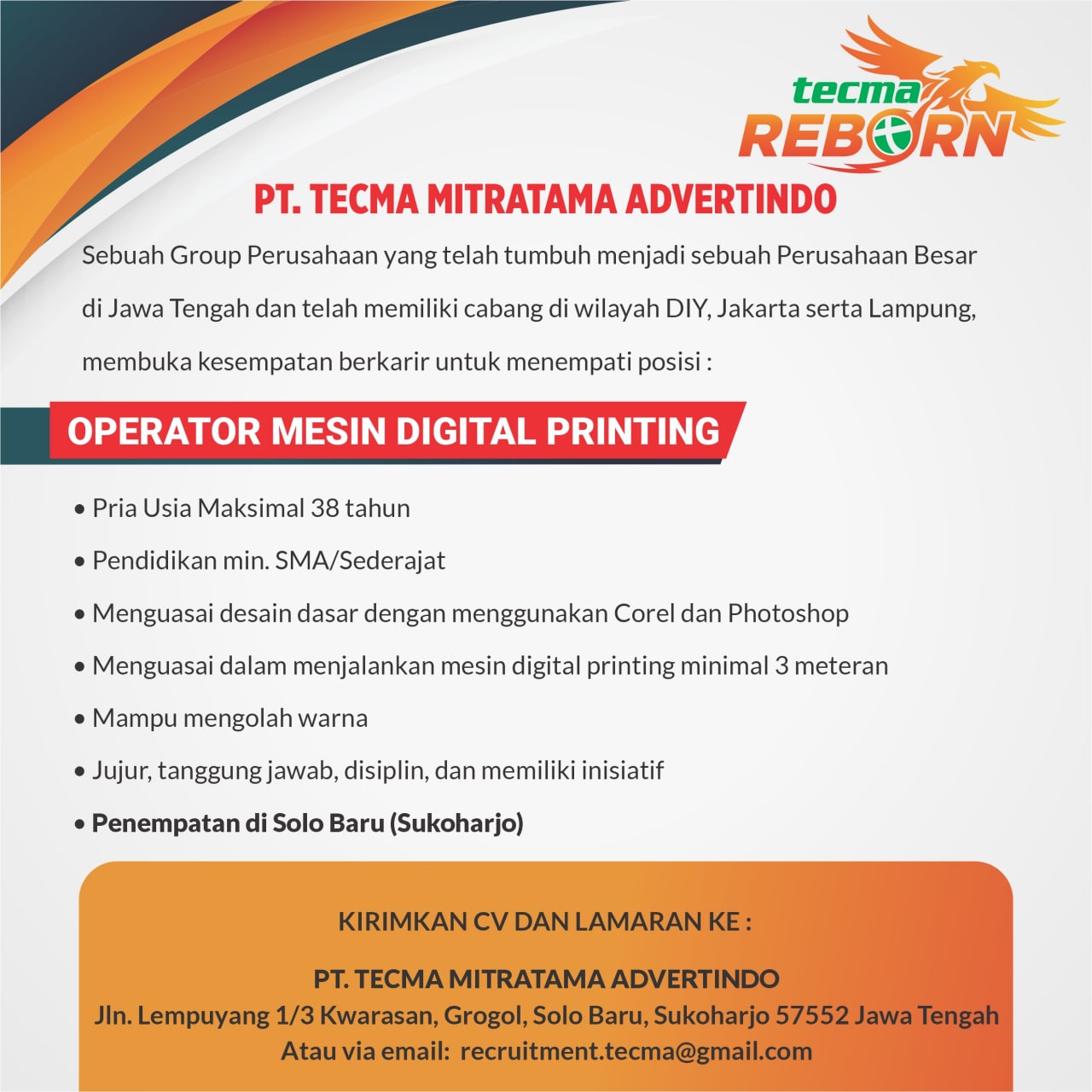 Lowongan Kerja Operator Mesin Digital Printing di PT Tecma Mitratama Advertindo