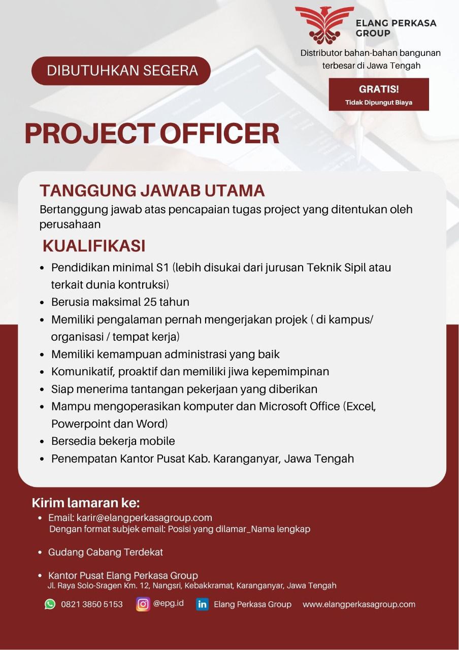 Lowongan Kerja Project Officer di PT Elang Perkasa Grup Karanganyar