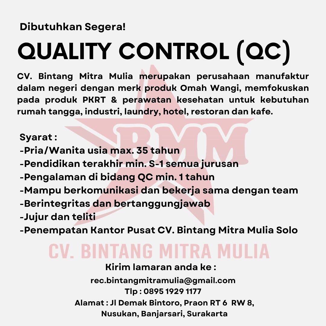 Lowongan Kerja Quality Control (QC) di CV Bintang Mitra Mulia Surakarta