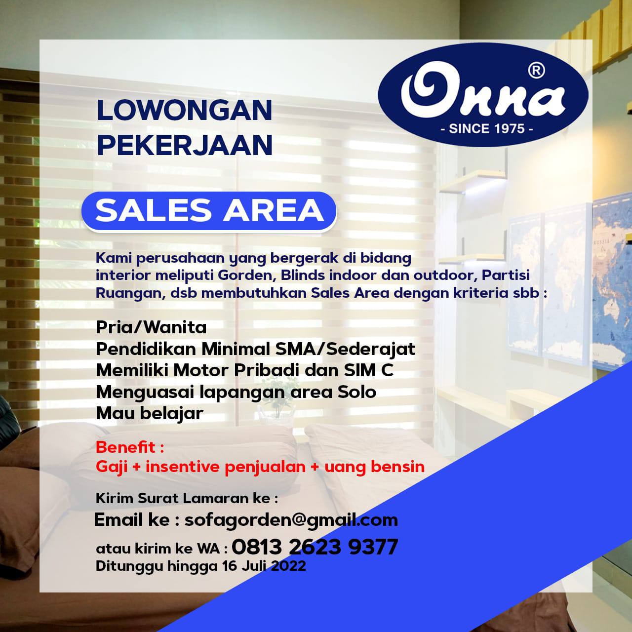 Lowongan Kerja Sales Area di Onna Solo