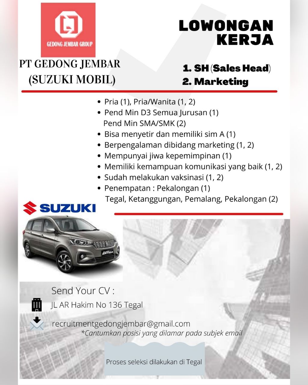 Lowongan Kerja Sales Head & Marketing di PT Gedong Jembar (Suzuki Mobil)