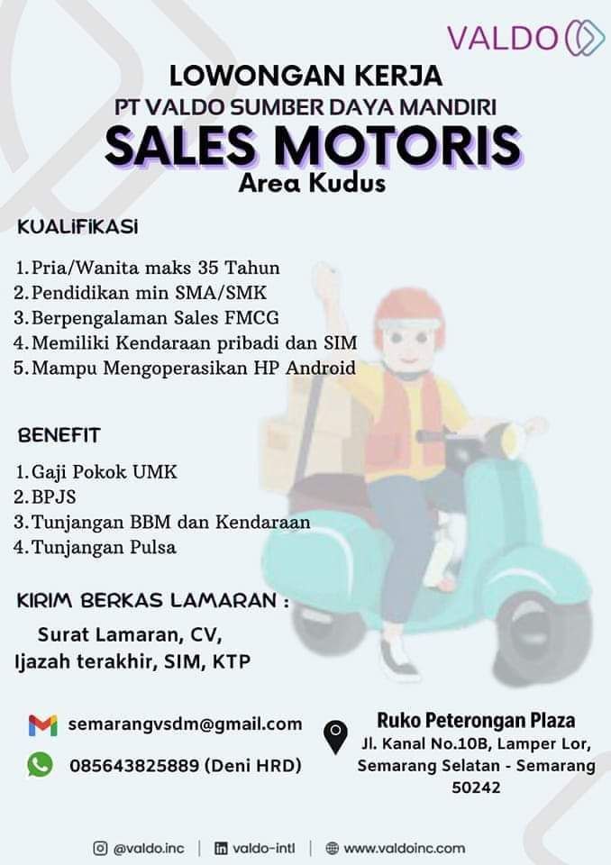 Lowongan Kerja Sales Motoris di PT Valdo Sumber Daya Mandiri Area Kudus