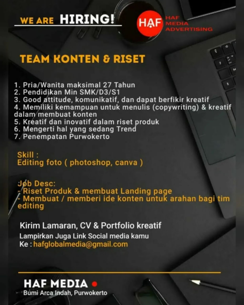 Lowongan Kerja Team Konten dan Riset di HAF Media Advertising Purwokerto