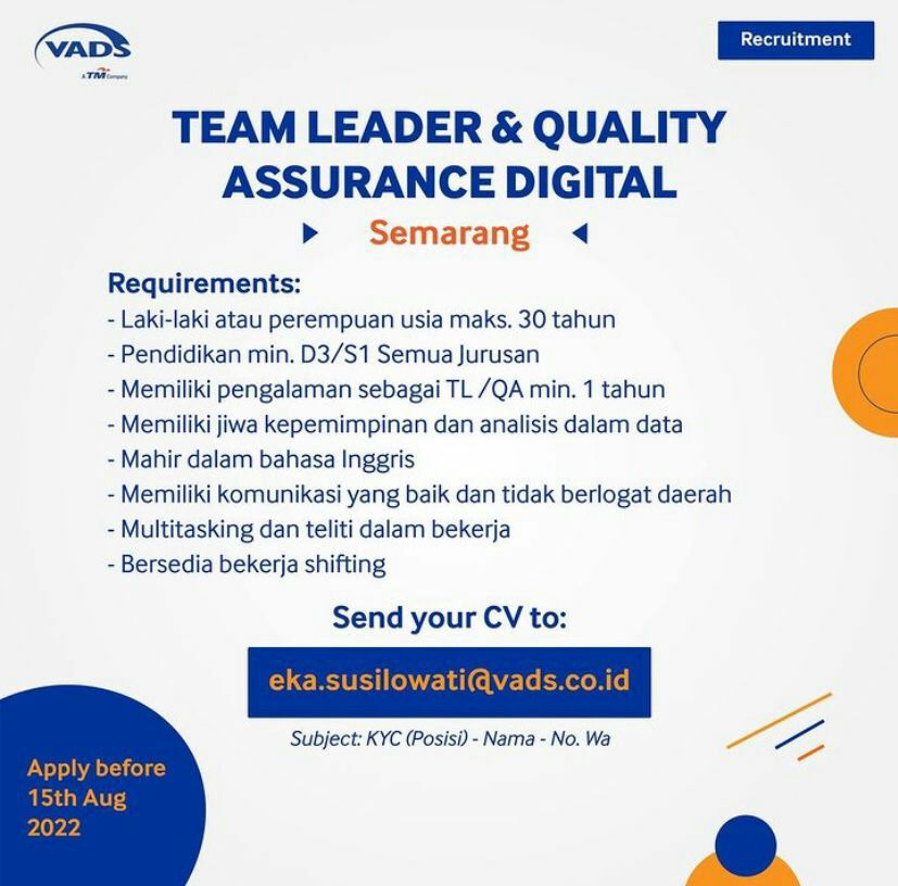 Lowongan Kerja Team Leader & QA Digital di VADS Intl Semarang