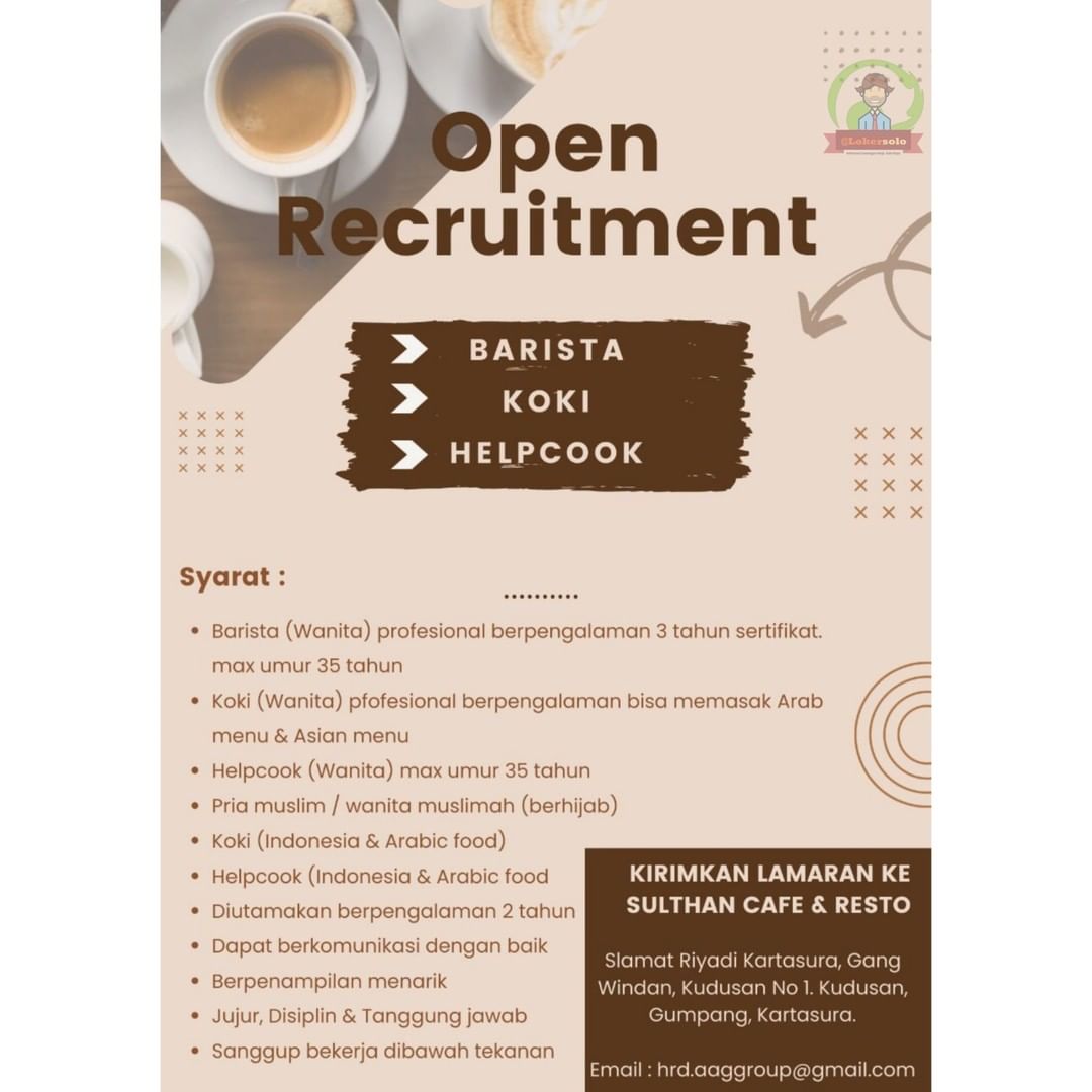 Barista, Koki & Help Cook di Sulthan Cafe Surakarta