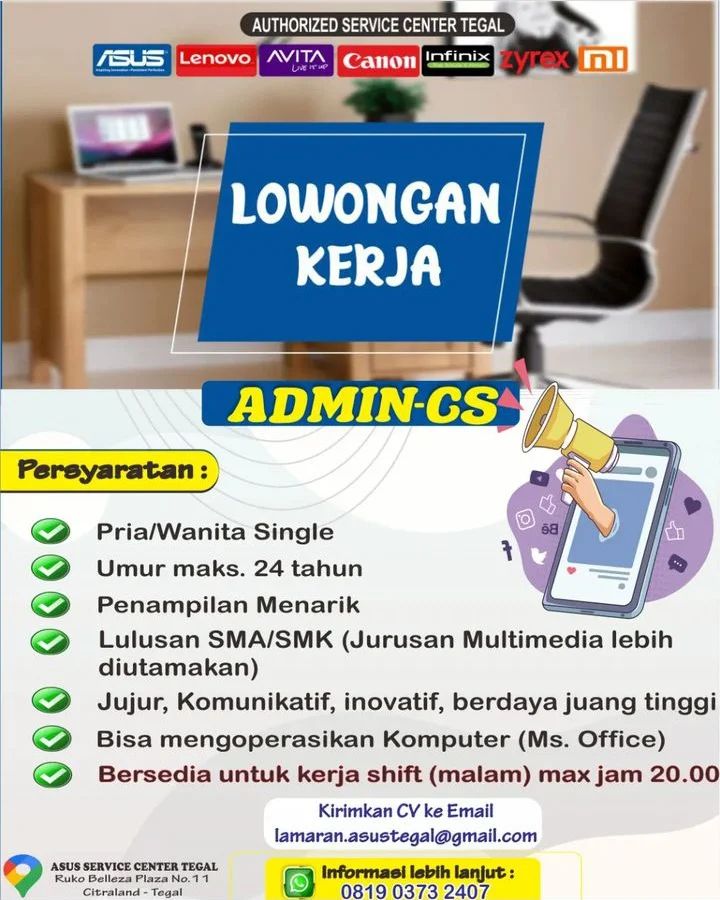 Lowongan Kerja Admin CS di Service Center Asus Tegal