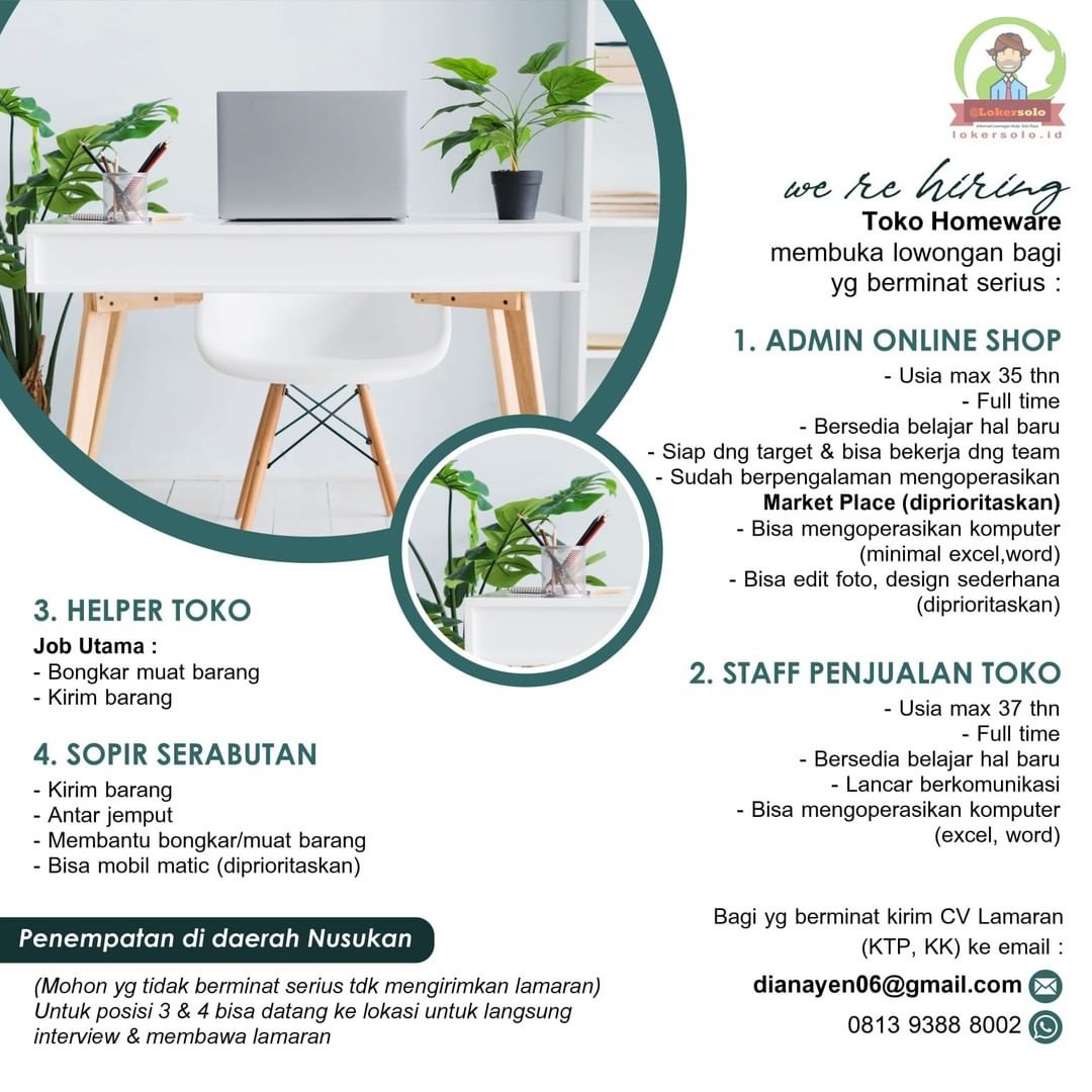 Lowongan Kerja Admin, Helper & Sopir di Toko Homeware Solo