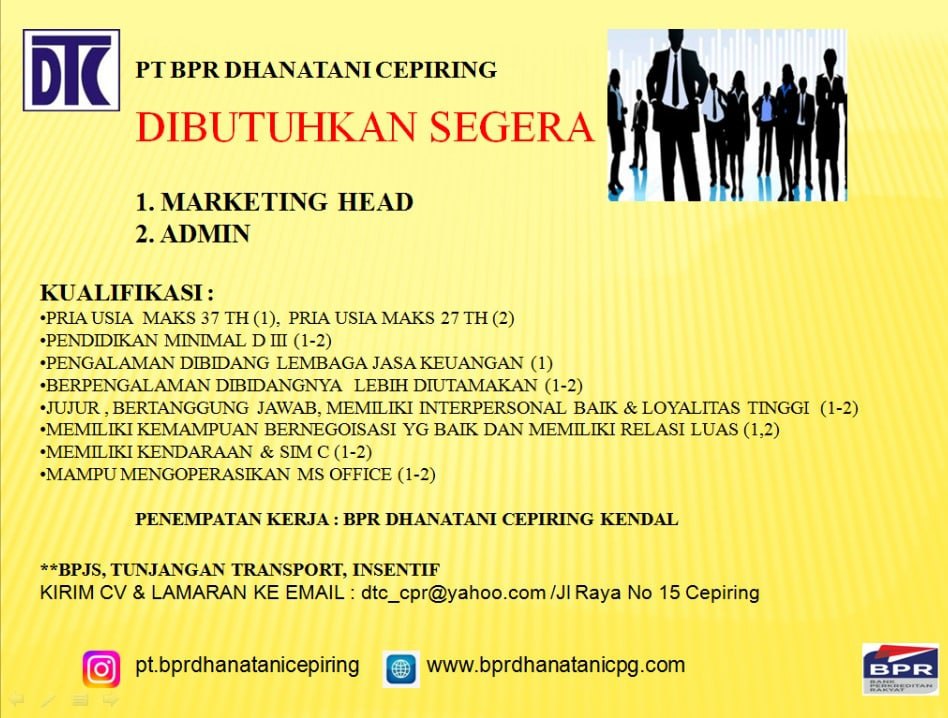 Lowongan Kerja Admin & Marketing Head di BPR Dhanatani Cepiring
