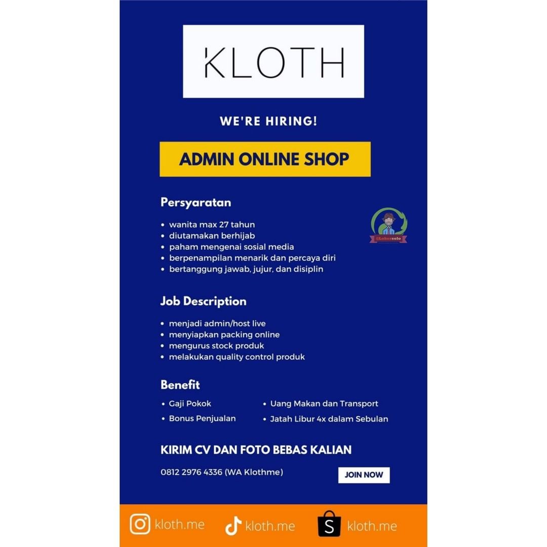 Lowongan Kerja Admin Online Shop di Kloth Solo