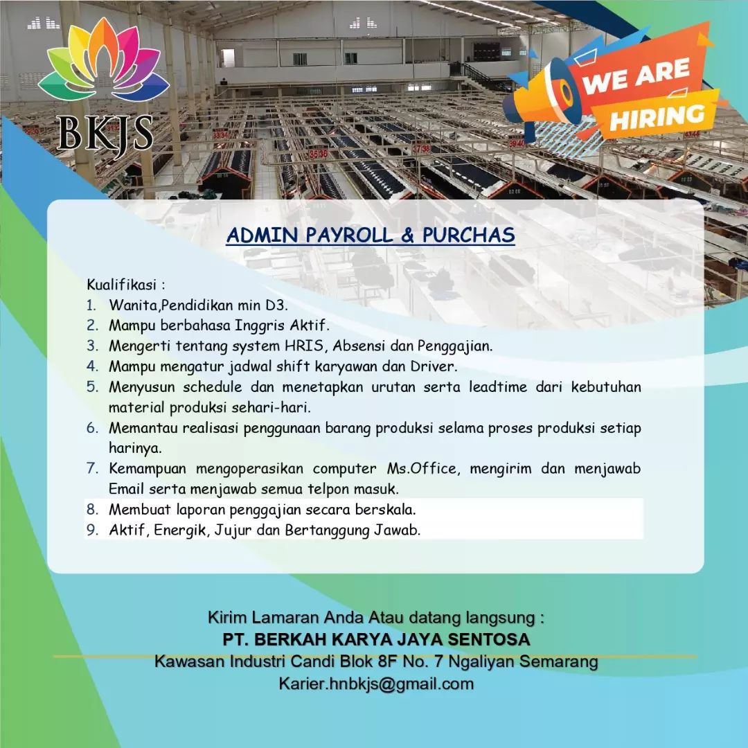 Lowongan Kerja Admin Payroll & Purchasing di PT. Berkah Karya Jaya Semarang