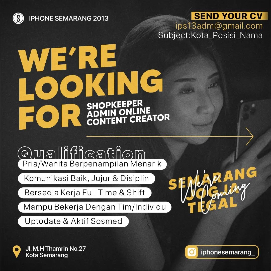 Lowongan Kerja Admin, Shopkeeper & Content Creator di iPhone Semarang1