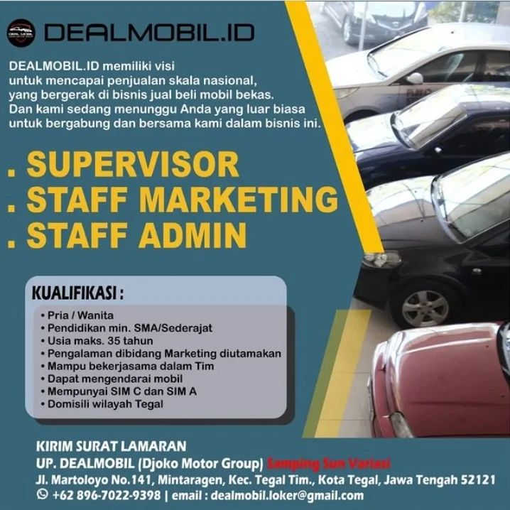 Lowongan Kerja Admin & Supervisor Marketing di Dealmobil.id Tegal