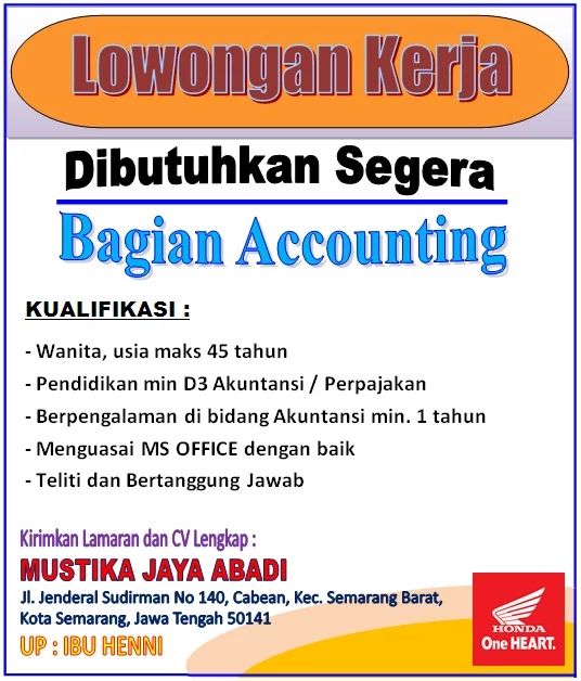 Lowongan Kerja Bagian Accounting di Honda Mustika Jaya Abadi Semarang