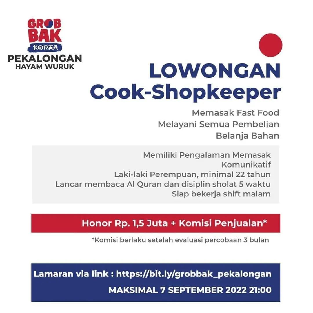 Lowongan Kerja Cook & Shopkeeper di Grob Bak Korea Pekalongan