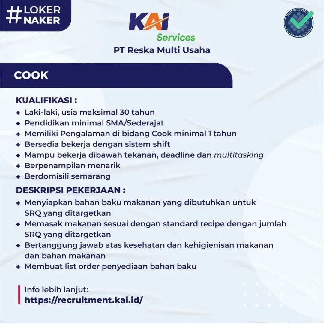 Lowongan Kerja Cook di PT. Reska Multi Usaha (KAI) Semarang