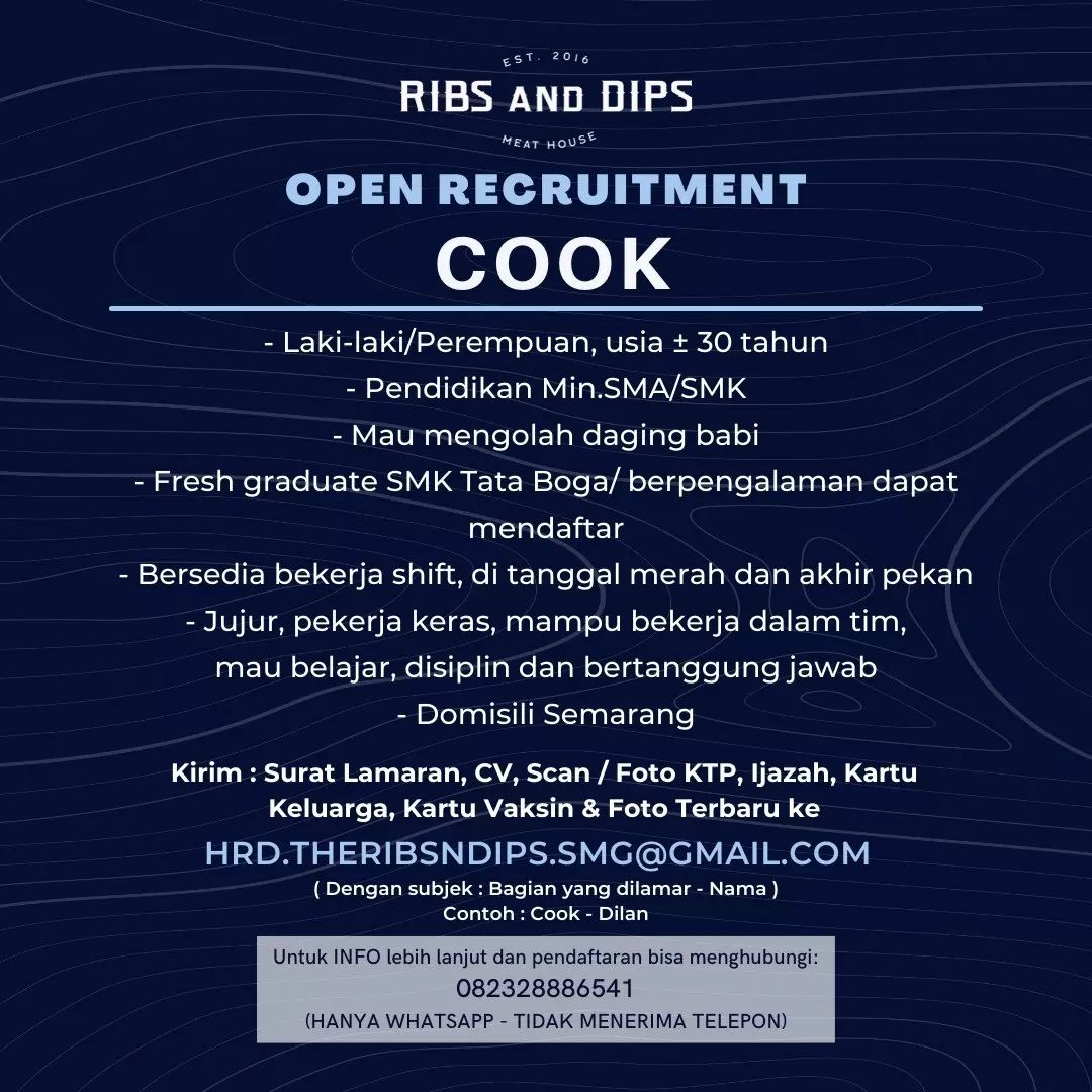 Lowongan Kerja Cook di RIBS AND DIPS Meat House Semarang