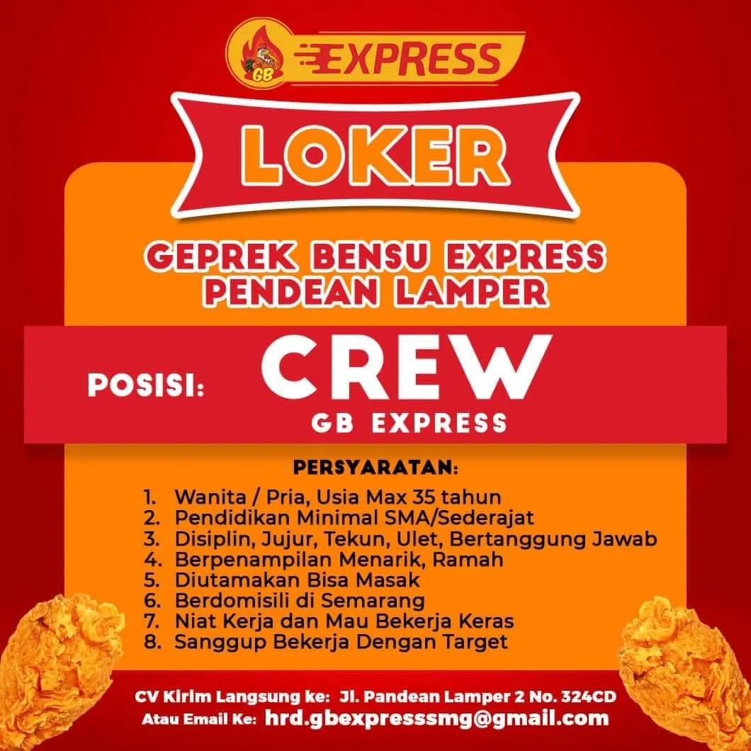 Lowongan Kerja Crew Geprek Bensu Express Semarang