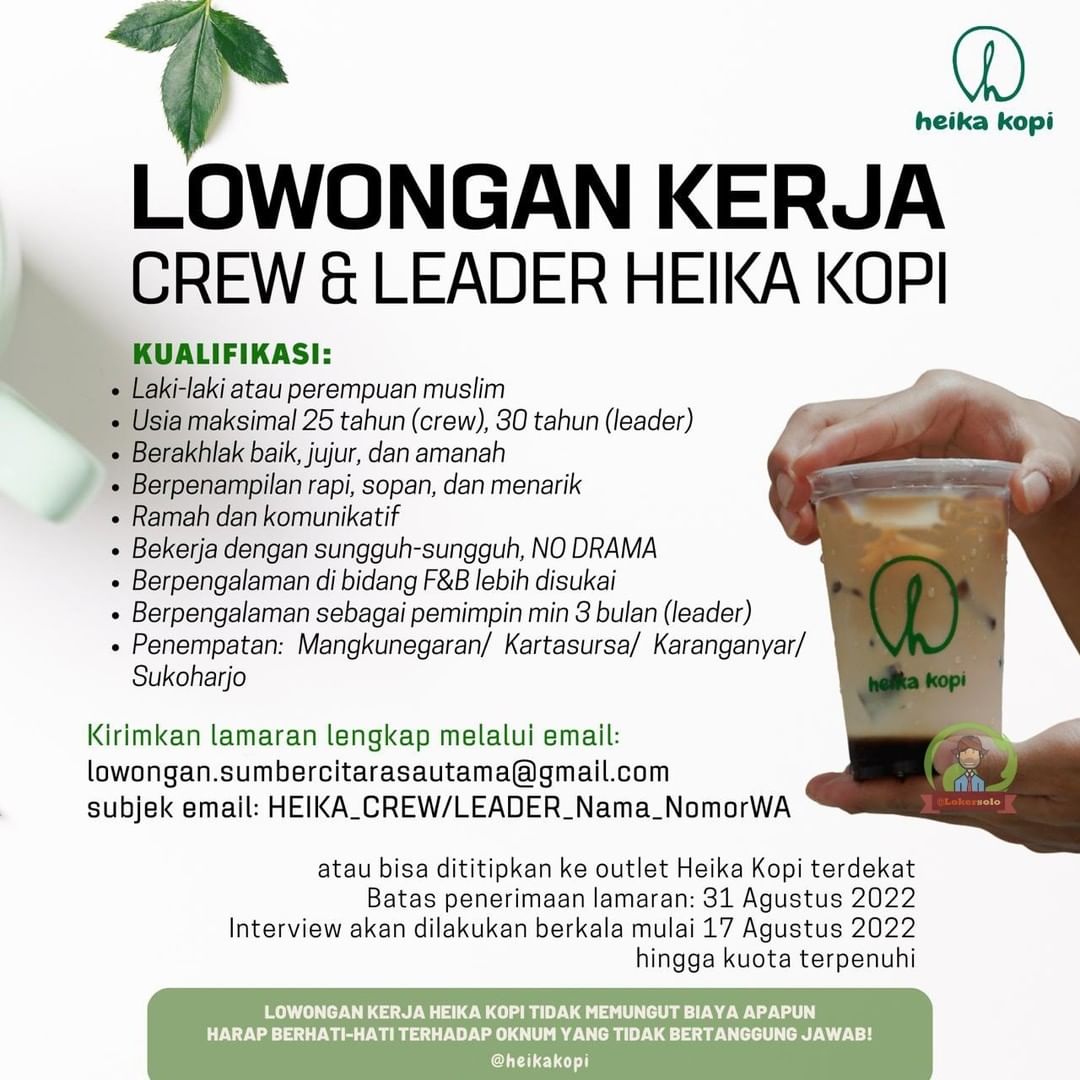 Lowongan Kerja Crew & Leader di Heika Kopi Sukoharjo Karanganyar