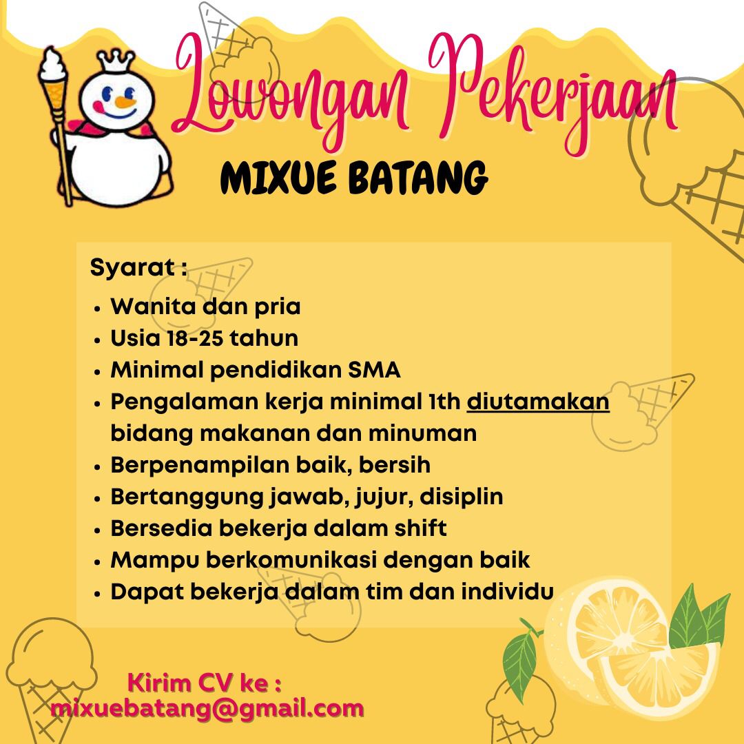 Lowongan Kerja Crew Outlet di Mixue Batang