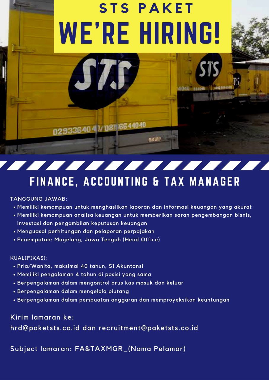 Lowongan Kerja Finance, Accounting & Tax Manager di Paket STS Magelang