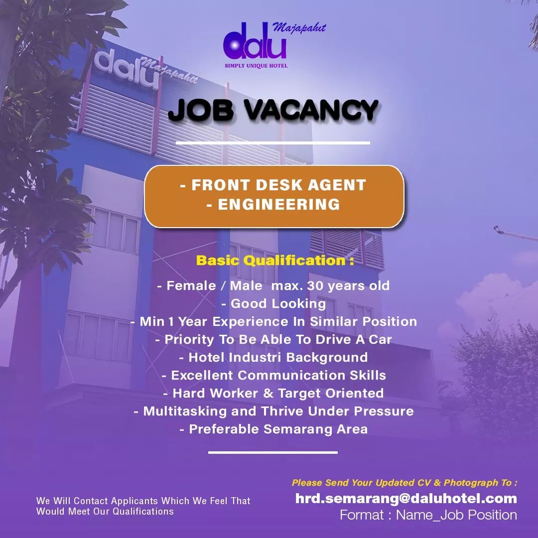 Lowongan Kerja Front Desk Agent & Engineering di Hotel Dalu Semarang