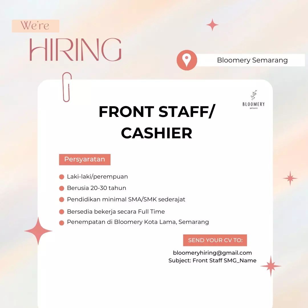 Lowongan Kerja Front Staff  Cashier di Bloomery Semarang