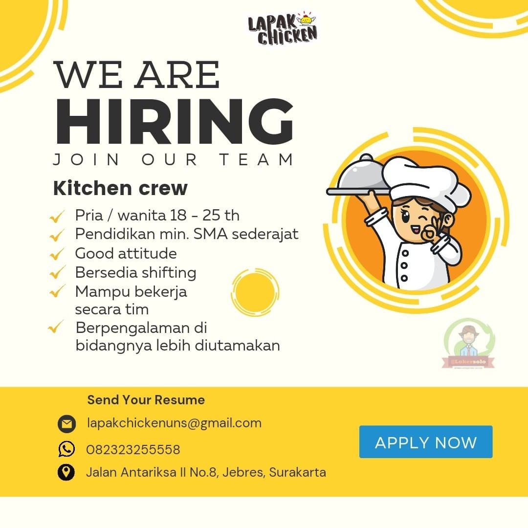 Lowongan Kerja Kitchen Crew di Lapak Chicken Surakarta