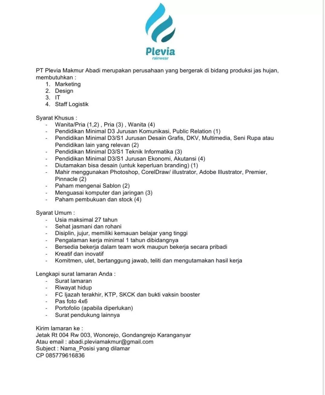 Lowongan Kerja Marketing, Design & IT di PT. Plevia Makmur Abadi Karanganyar