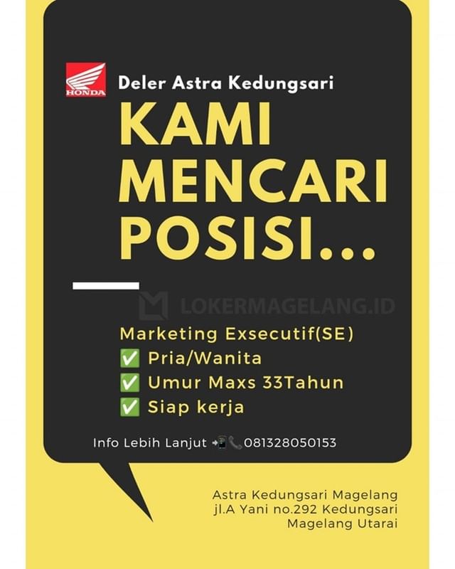 Lowongan Kerja Marketing Executive di Dealer Honda Astra Magelang