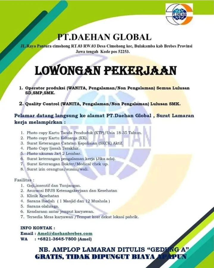 Lowongan Kerja Operator Produksi & QC di PT. Daehan Global Brebes