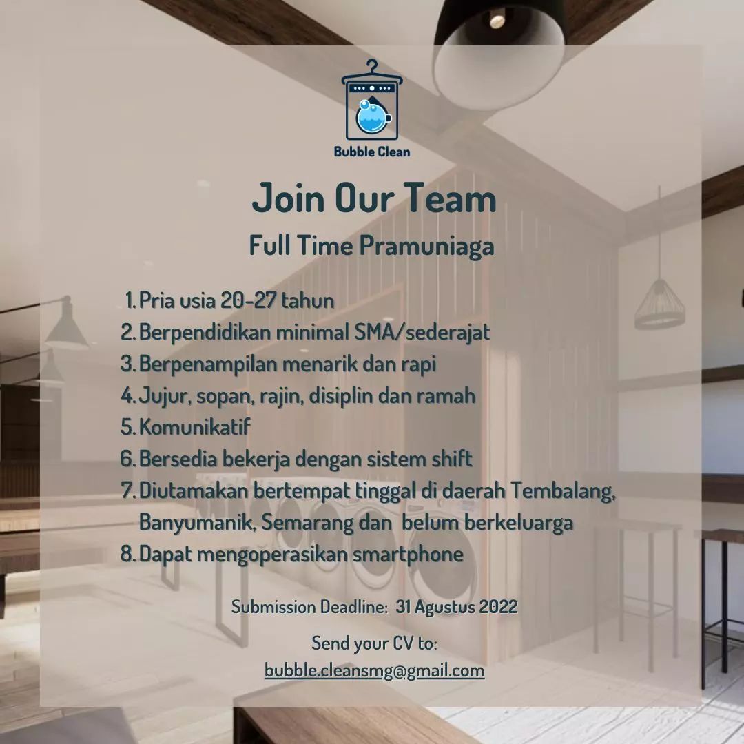 Lowongan Kerja Pramuniaga Full Time di Bubble Clean Semarang