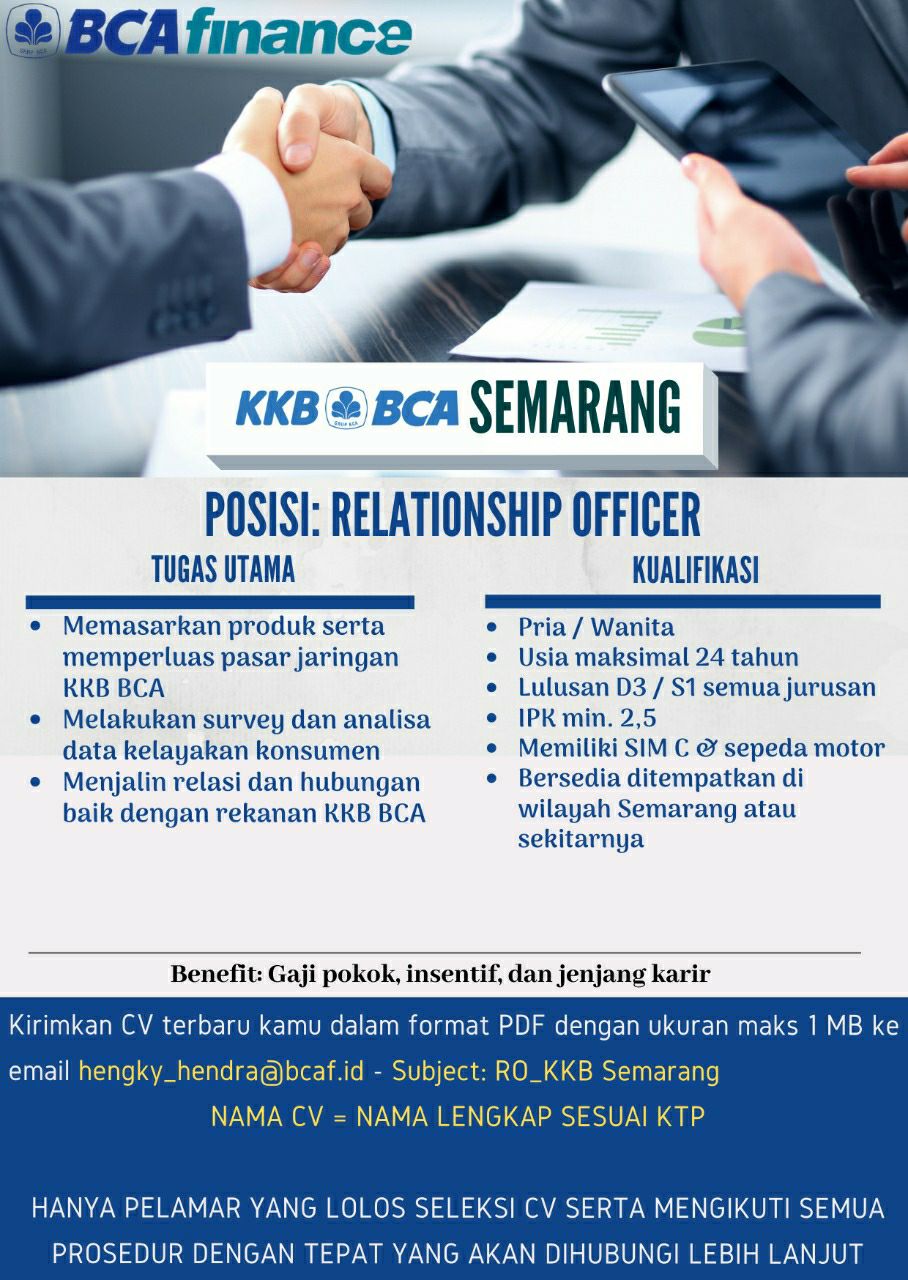 Lowongan Kerja Relationship Officer di Bank BCA Finance Semarang