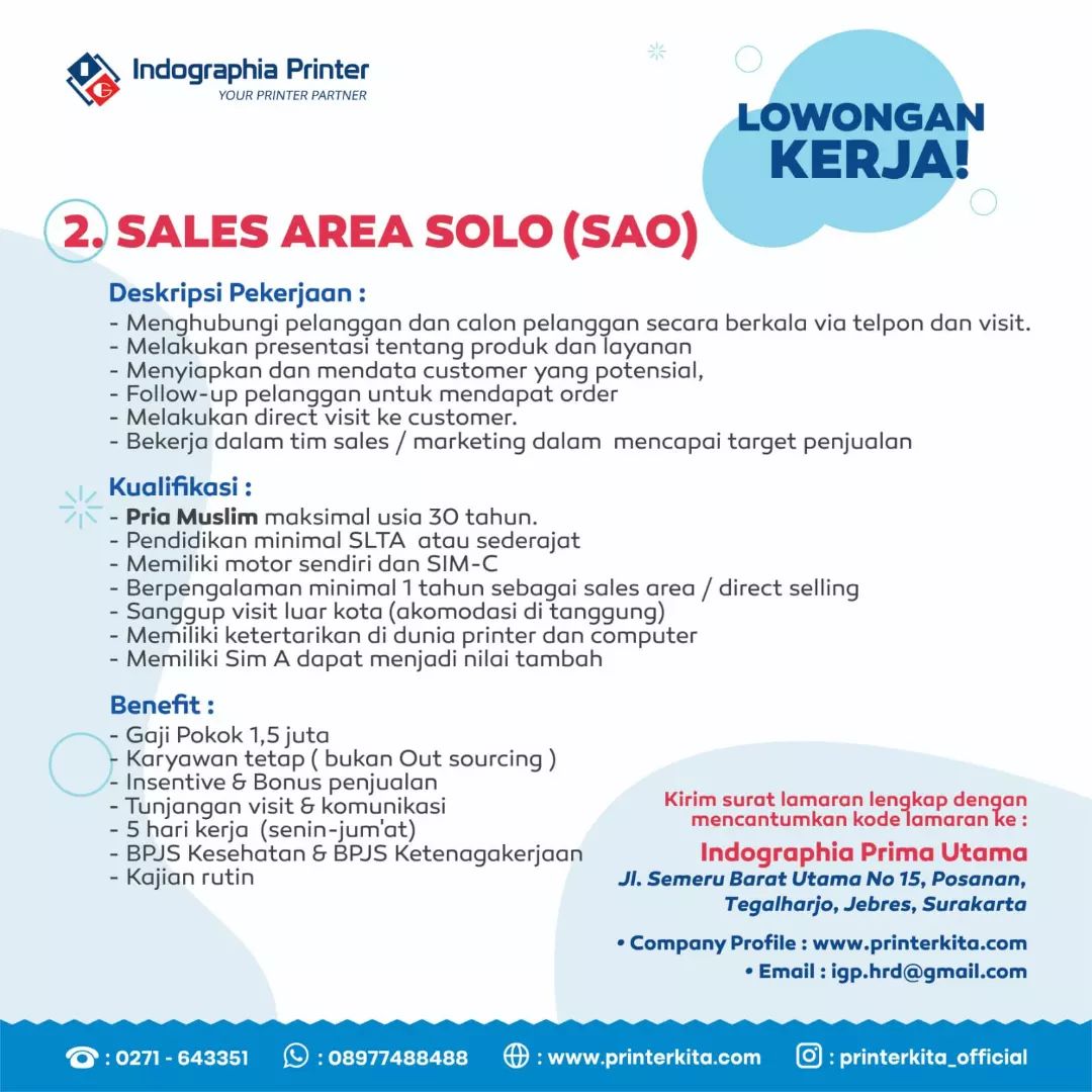 Lowongan Kerja Sales Area di Indographia Printer Solo