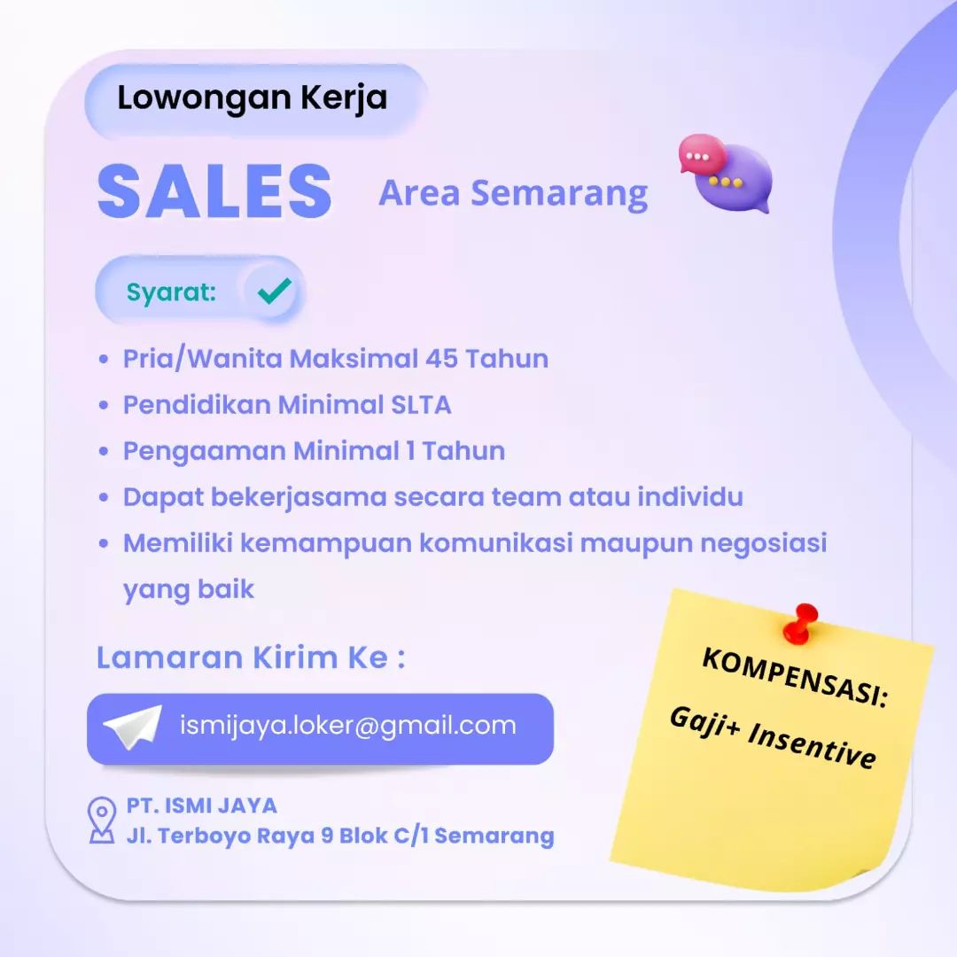 Lowongan Kerja Sales Area di PT. Ismi Jaya Semarang