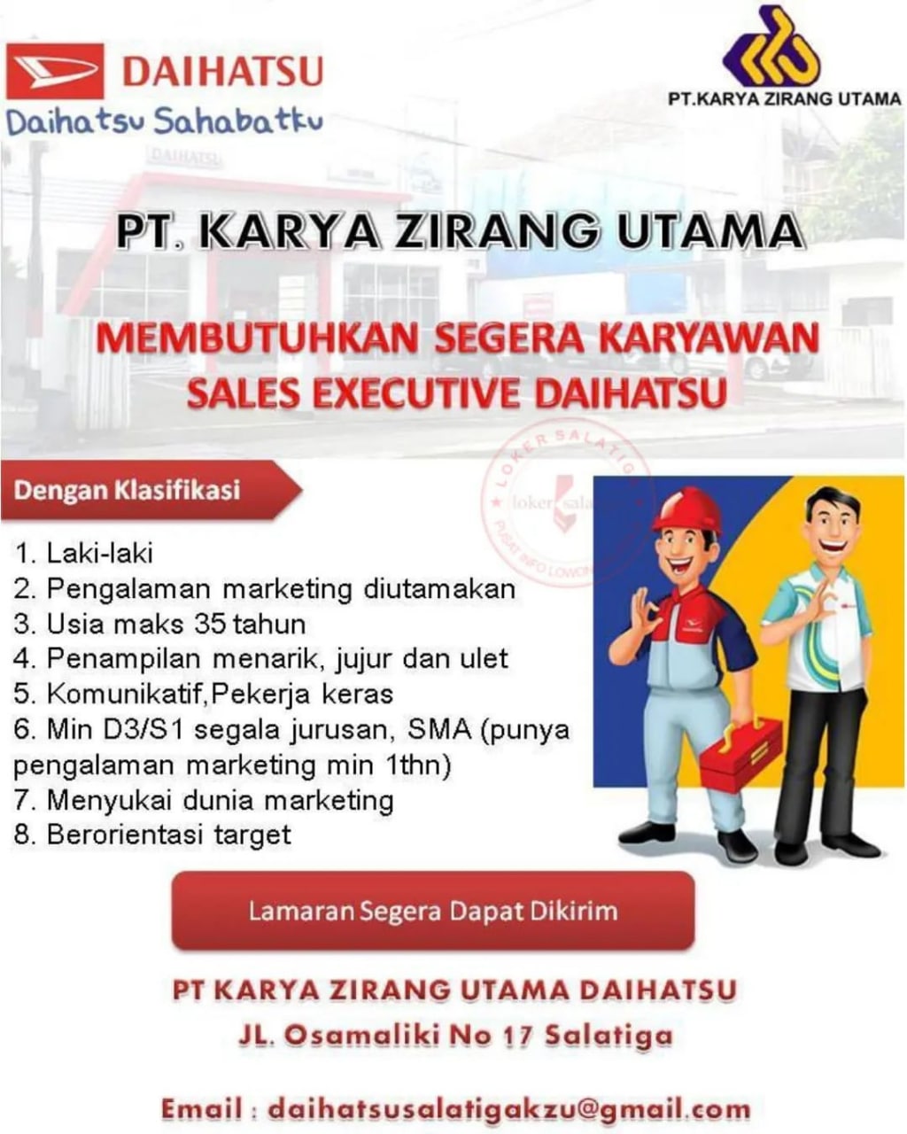 Lowongan Kerja Sales Executive Daihatsu di PT. Zirang Karya Utama Salatiga