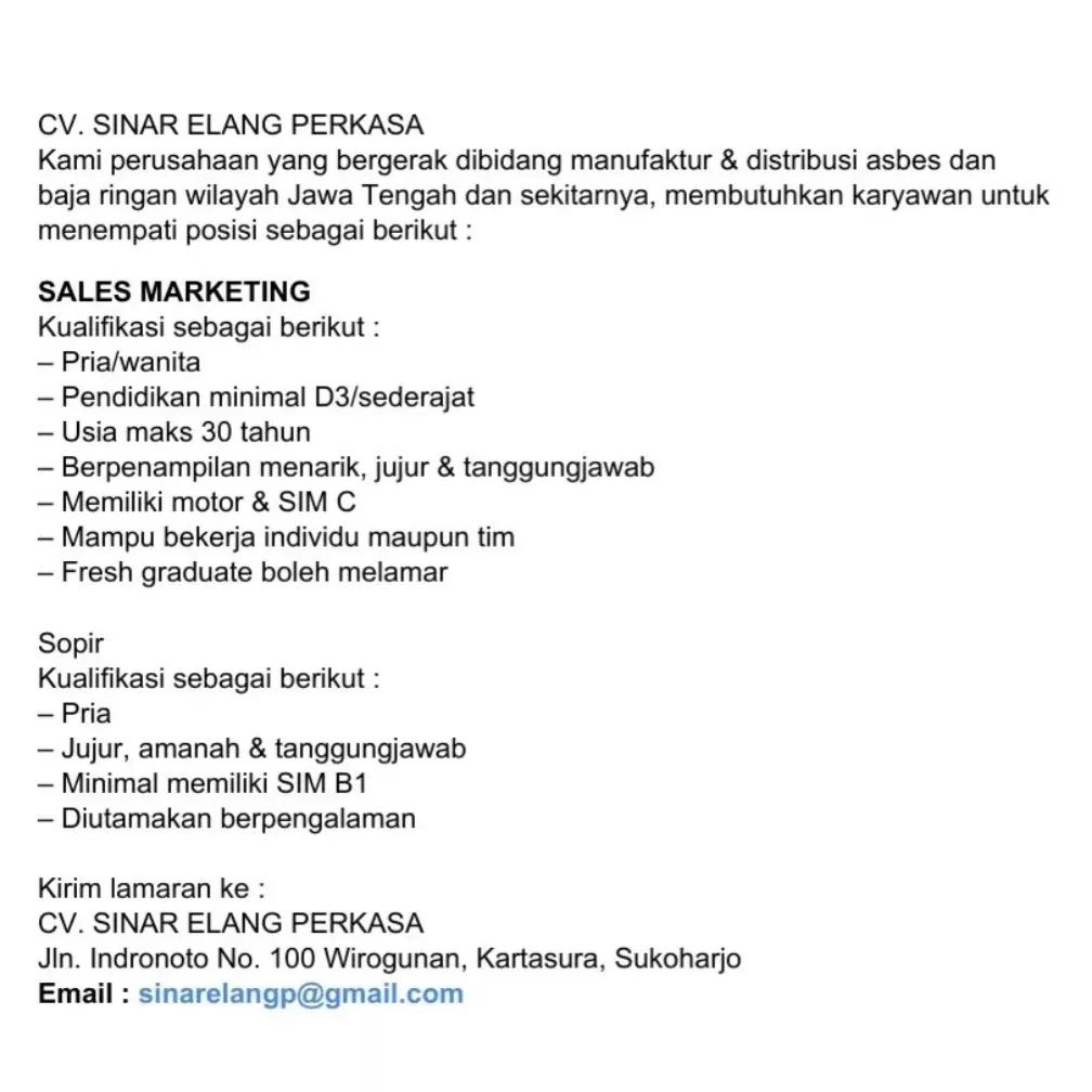 Lowongan Kerja Sales Marketing & Sopir di CV. Sinar Elang Perkasa Sukoharjo