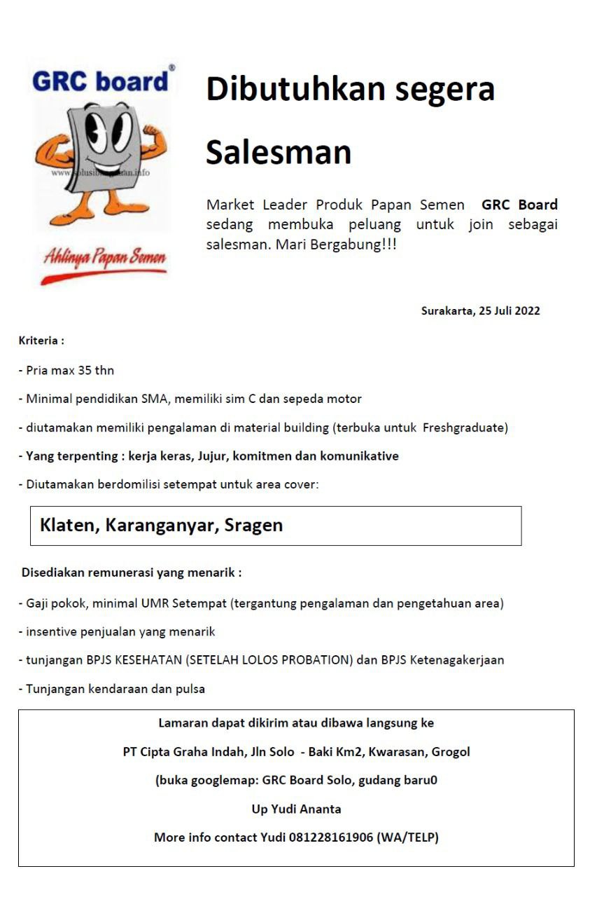 Lowongan Kerja Salesman GRC Board di Klaten, Karanganyar & Sragen
